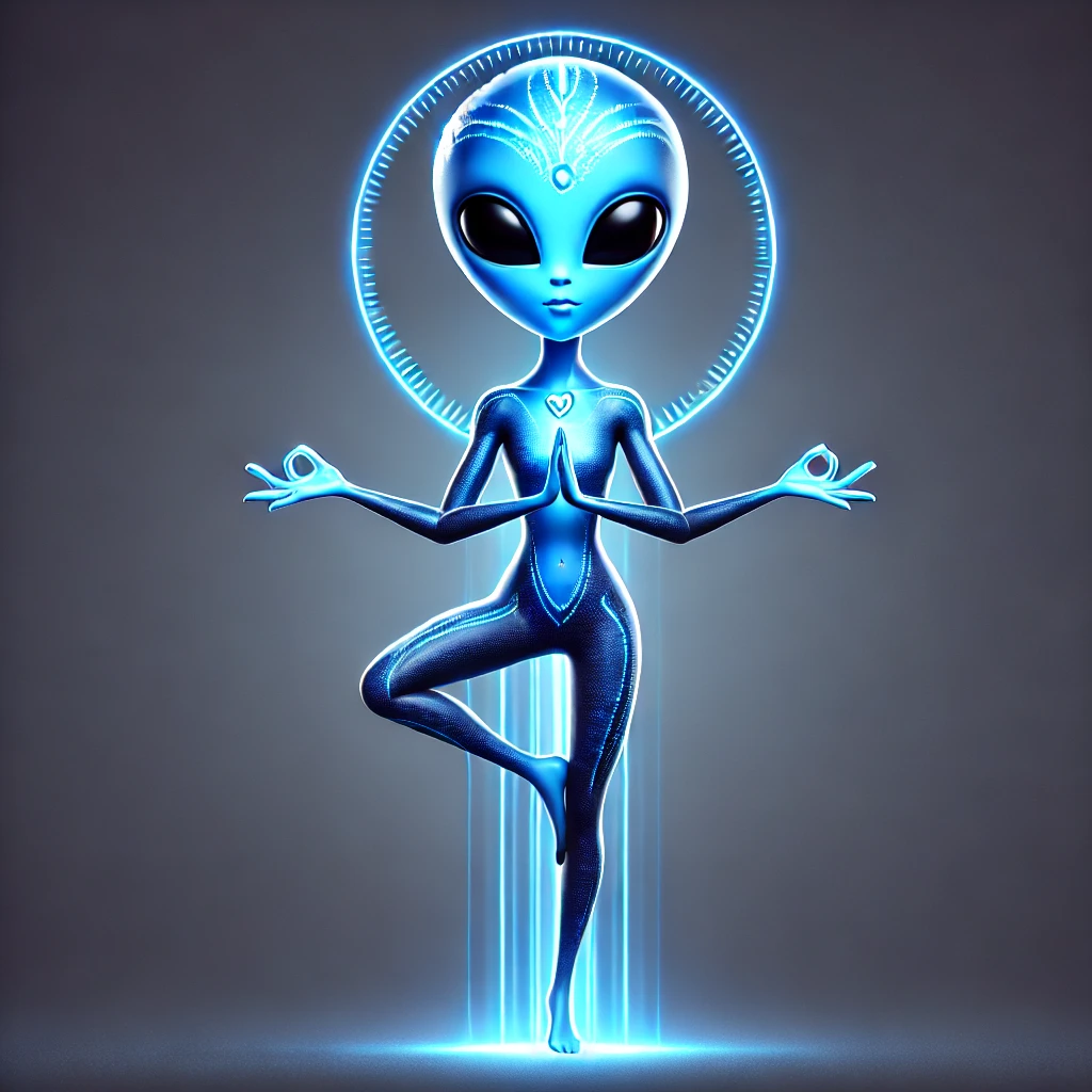 DALL·E 2024-10-23 07.24.13 - A blue alien with a feminine, ethereal appearance, standing in a graceful yoga pose on one foot, embodying unconditional love and calm. The alien has